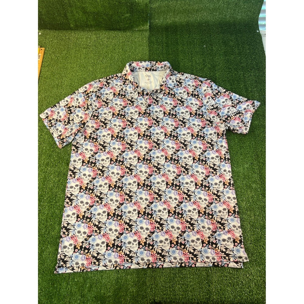 1764 Mens Floral Skull Performance Golf Polo Shirt Black Multi Size 2XL
